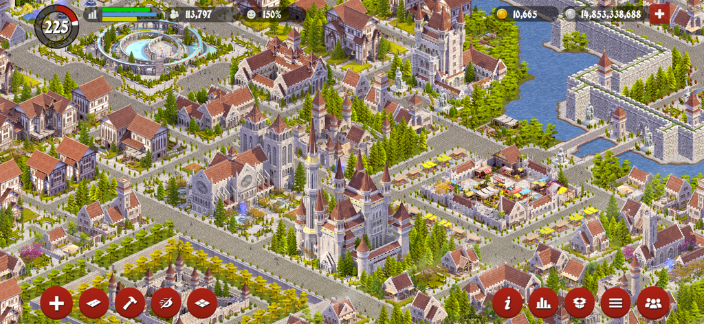 Designer City: Medieval Empire - A detailed medieval city featuring castles and cobblestone streets in a city building simulator