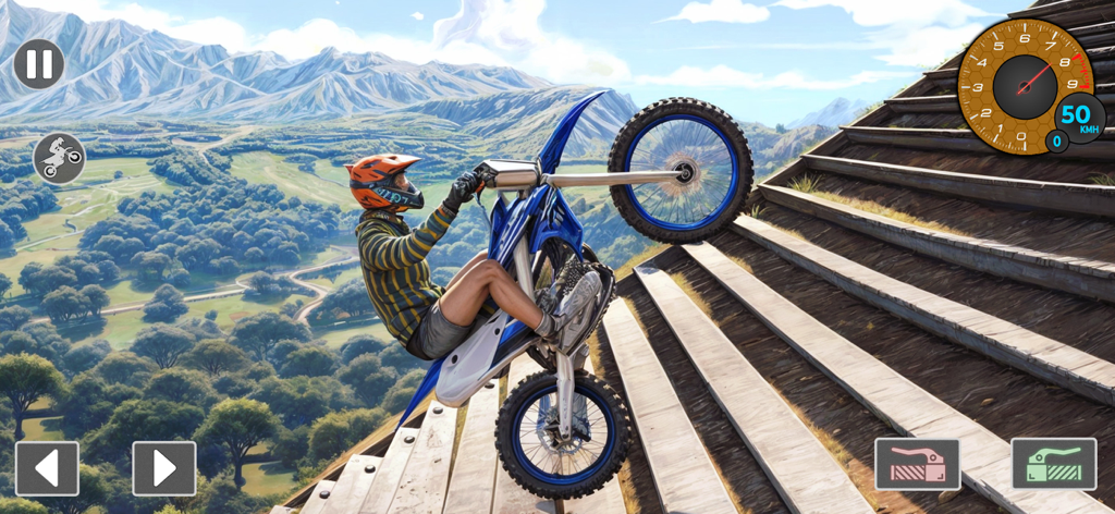 Moto de motocross azul haciendo un caballito en una rampa de madera en el bosque