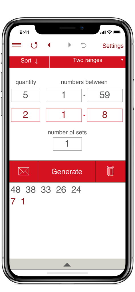 Interfaz de la aplicación Random Number Generator para generar números de dos rangos separados simultáneamente