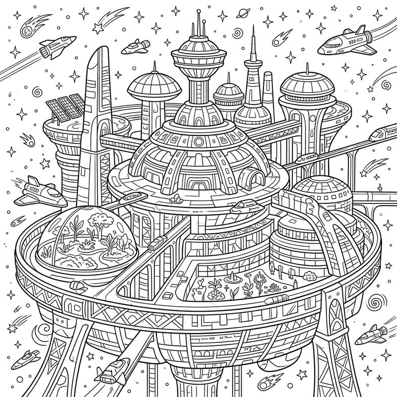 Discover a magnificent Tourist Space Resort, intricately designed for leisure and entertainment amongst the stars. This detailed coloring page invites you to bring a futuristic space colony to life with your unique palette.
