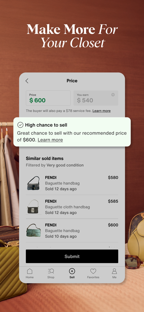 Mobile app interface for selling designer fashion on Vestiaire Collective showing price recommendations and sold items