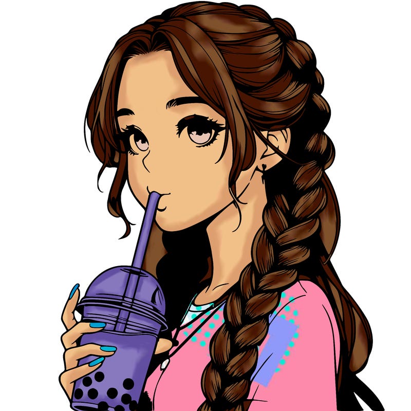 realistic girl with braided hair drinking boba