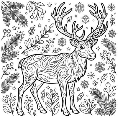 Discover the beauty of winter with this captivating coloring page featuring a majestic female reindeer. Its intricate patterns and festive natural surroundings offer a delightful artistic escape for colorists of all ages.