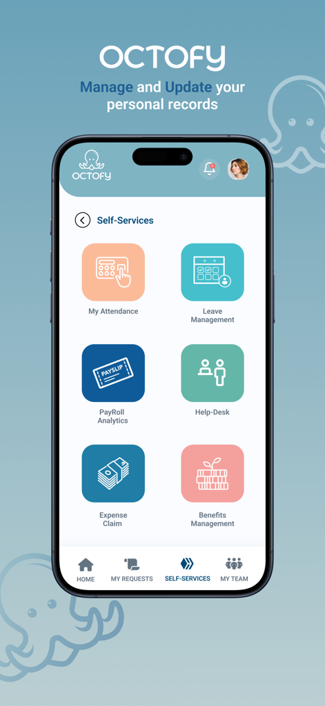 Octofy - Painel do aplicativo móvel Octofy exibindo opções de autoatendimento do funcionário, incluindo folha de pagamento, presença e gerenciamento de despesas.