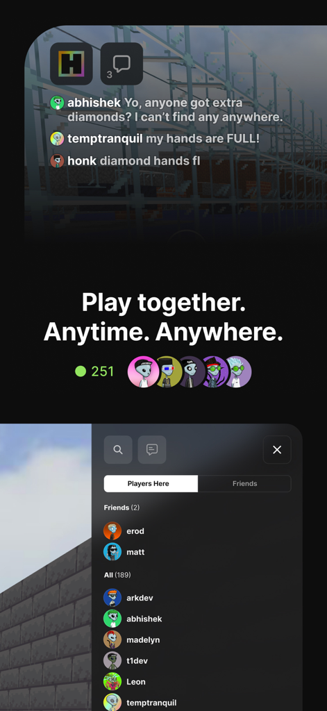 HYTOPIA: Friends & Family Fun - HYTOPIA in-game chat and friends list interface showing active players and social interactions