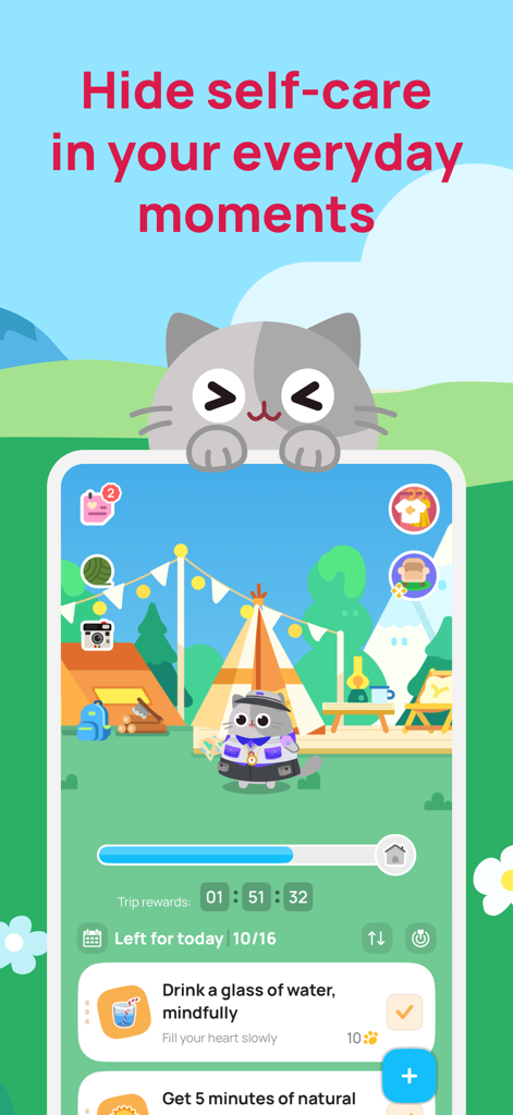 Catzy: Self-Care Journey - Catzy app interface showing gamified self care goals and a cute cat character.