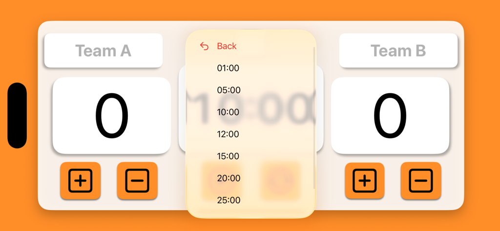 Interface de l'application BS Board affichant les scores des équipes et un menu contextuel pour sélectionner la durée du jeu.