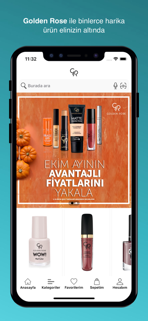 Golden Rose - Pantalla de smartphone que muestra la aplicación de cosméticos Golden Rose con una variedad de productos de maquillaje y banners promocionales de temporada.