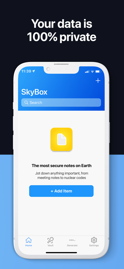 Password Manager App - SkyBox - Interfaz de la aplicación SkyBox para gestionar notas digitales seguras con una garantía de datos 100% privada.