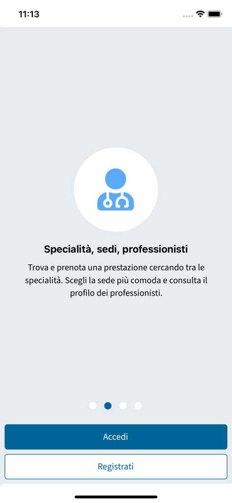 My Santagostino - Onboarding screen of the My Santagostino app explaining how to find medical specialties and book doctors