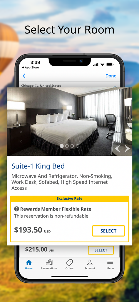 Mobile app interface for selecting a King Bed suite room with rewards member pricing on Best Western to Go.
