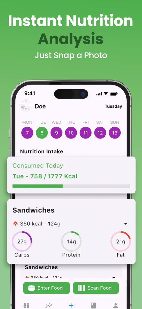 NutriScan: AI Calorie Counter - Pantalla de la aplicación NutriScan que muestra el seguimiento de calorías diarias y el desglose de macronutrientes para el análisis de alimentos
