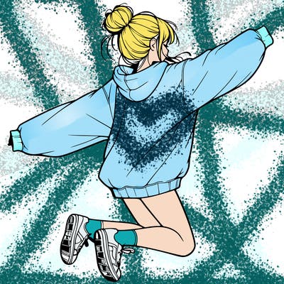 realistic girl jumping with a bun and oversized sweatshirt