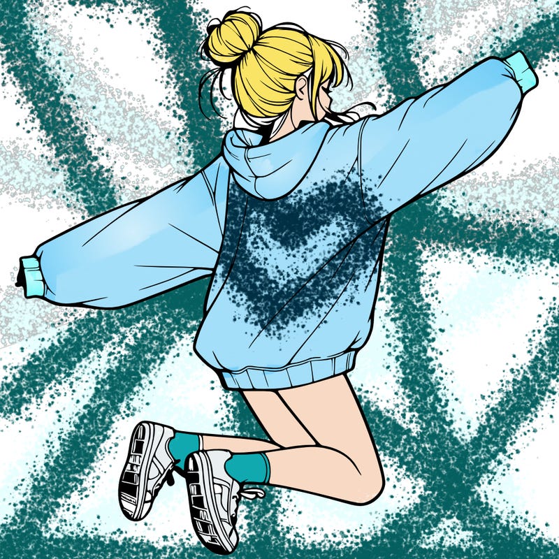 realistic girl jumping with a bun and oversized sweatshirt