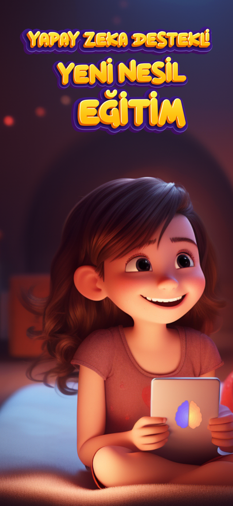 A young girl smiling while using the Bilsem Zeka educational app on a tablet