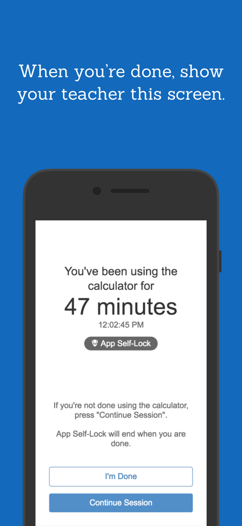 Desmos Test Mode - Schermata di completamento dell'app Desmos Test Mode che mostra il tempo della sessione e un prompt per mostrare all'insegnante