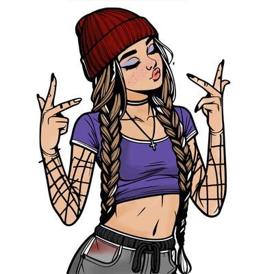 realistic teenage girl with braids and a beanie and crop top doing 🫶🏼