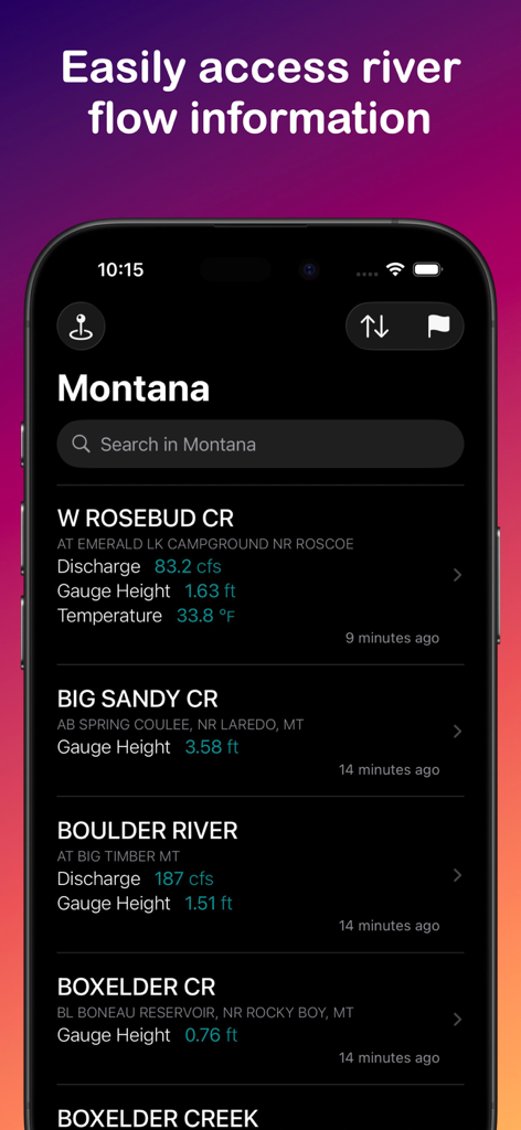 Blue Liner Flows - Blue Liner Flows app interface showing real time river flow data and gauge heights for Montana