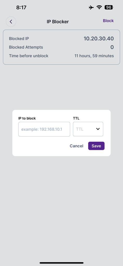 전자상거래 보안을 위한 IP 차단기 설정을 보여주는 Converty Shop 앱 인터페이스