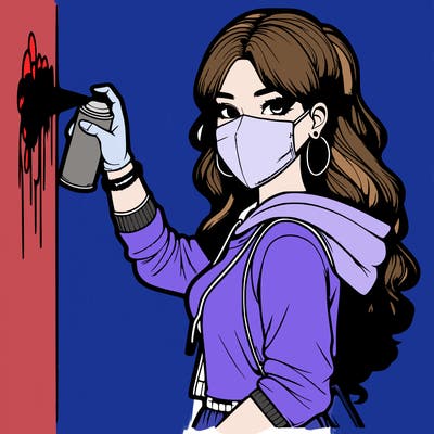 realistic girl with mask spray painting a wall