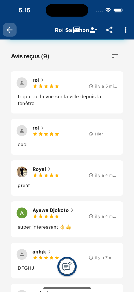 AppartMart - A list of customer reviews and five-star ratings on the AppartMart app interface.