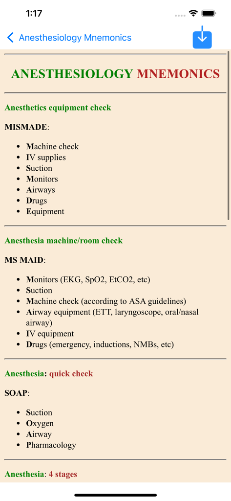 All Medical Mnemonics App - Anesthesiology mnemonics screen showing equipment and room check acronyms for medical students