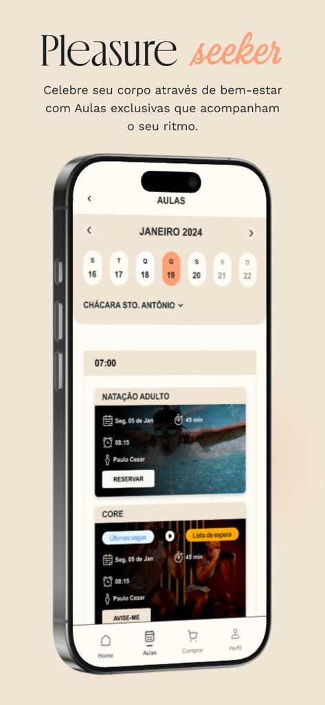 Interface do Bio Ritmo App mostrando a agenda semanal de aulas de fitness e opções de reserva para natação e treinamento de core.