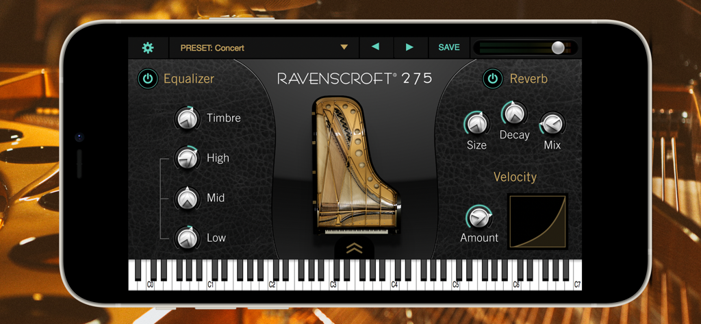 Ravenscroft 275 Piano - Ravenscroft 275 Pianoアプリのインターフェース。オーディオコントロールとスマートフォンの仮想キーボードが表示されています。