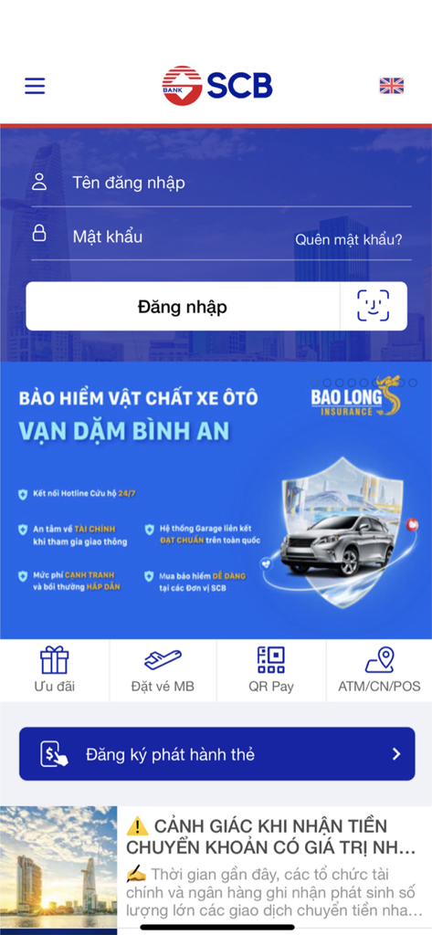 SCB Mobile Banking - SCB Mobile Banking login interface with fields for username and password, Face ID option, and quick access icons for flight booking, QR Pay, and ATM locations.