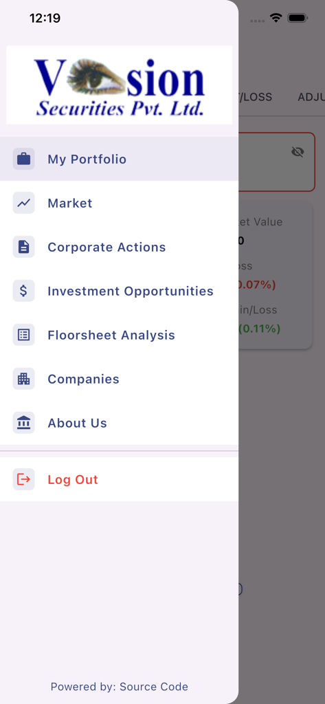 Vision Securities pvt ltd - Side navigation menu of Vision Securities mobile app for NEPSE trading