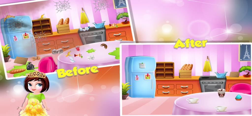 Little Princess House Cleaning - Before and after comparison of a messy kitchen versus a clean kitchen in the princess house cleaning game