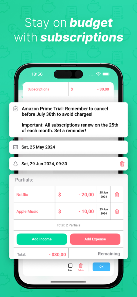 YBB Budgeting app interface for tracking monthly subscriptions like Netflix and Apple Music with payment reminders