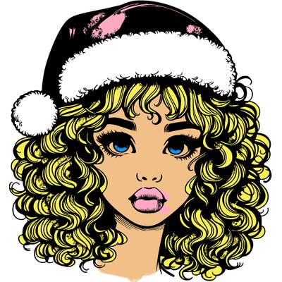 realistic girl with a santa hat curly hair and lips