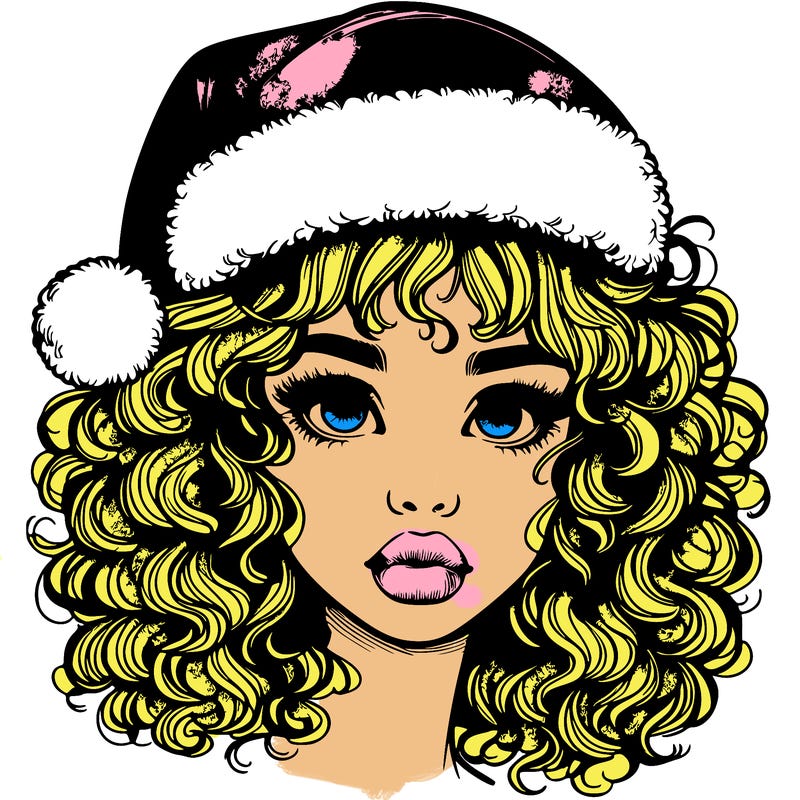 realistic girl with a santa hat curly hair and lips