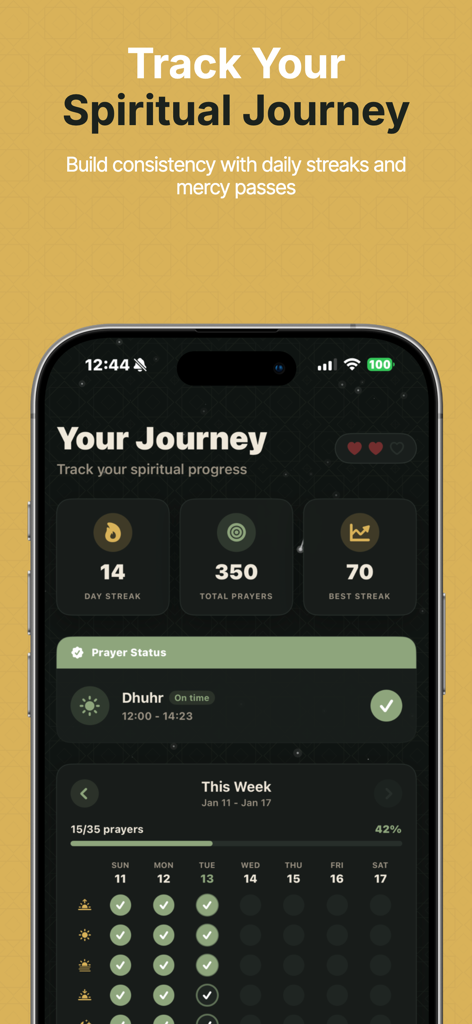 Prayer Pause: Salah & Focus - Dashboard of the Prayer Pause app showing prayer streaks and a weekly spiritual progress calendar.