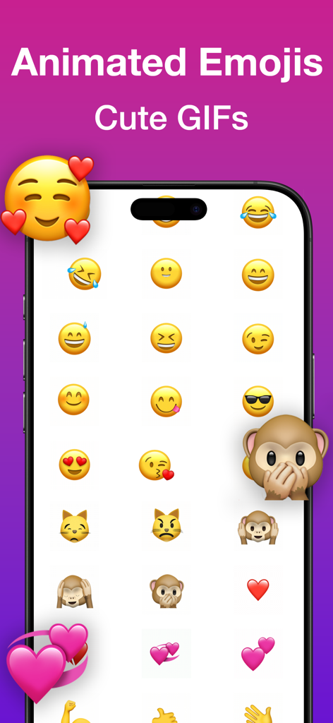 A collection of animated emojis and cute GIFs on a smartphone screen.