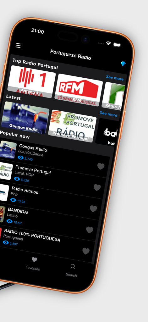Portuguese Radio Online - Interface of the Portuguese Radio Online app showing popular live radio stations and categories from Portugal