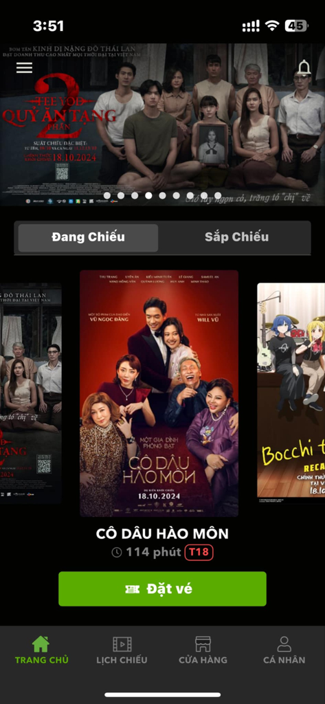 BHD Star Cineplex VN app home screen displaying movie posters and a ticket booking button.