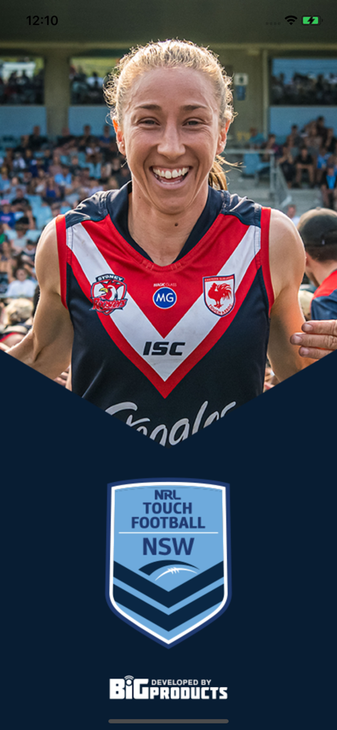 NSW Touch - Splash screen of the NSW Touch Football app featuring a female athlete and the official NRL Touch Football NSW logo.