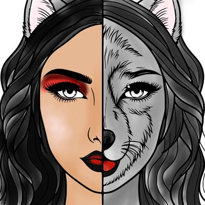 split face realistic woman and wolf