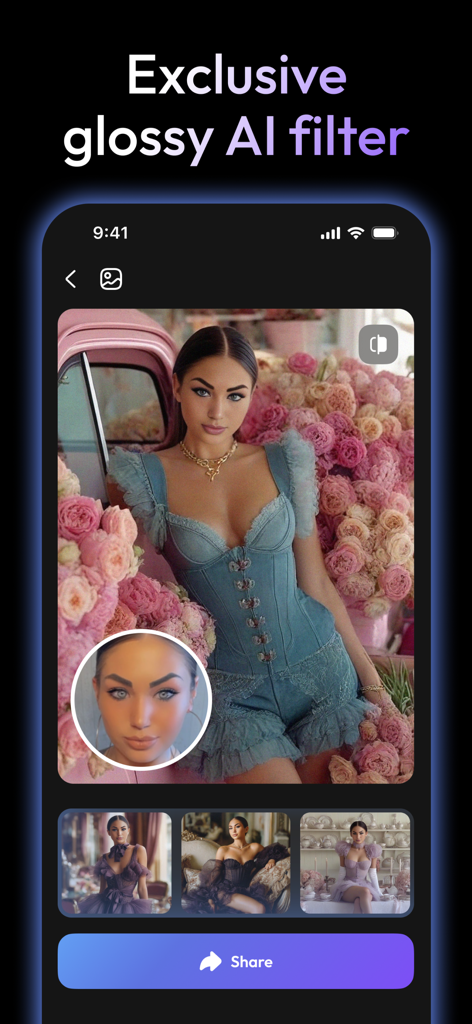 Interface of the Nufa app showing a fashion photoshoot with a glossy AI filter applied