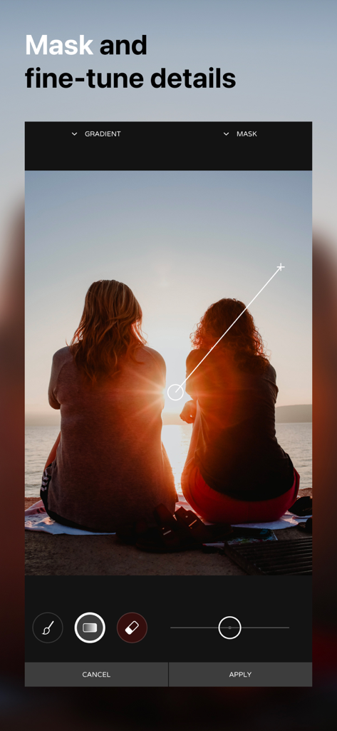 Interface of the Ultralight photo editor app showing the local masking and gradient tool being used on a sunset photo