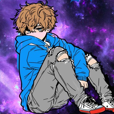 a male hoddie ripped jeans messy hair anime