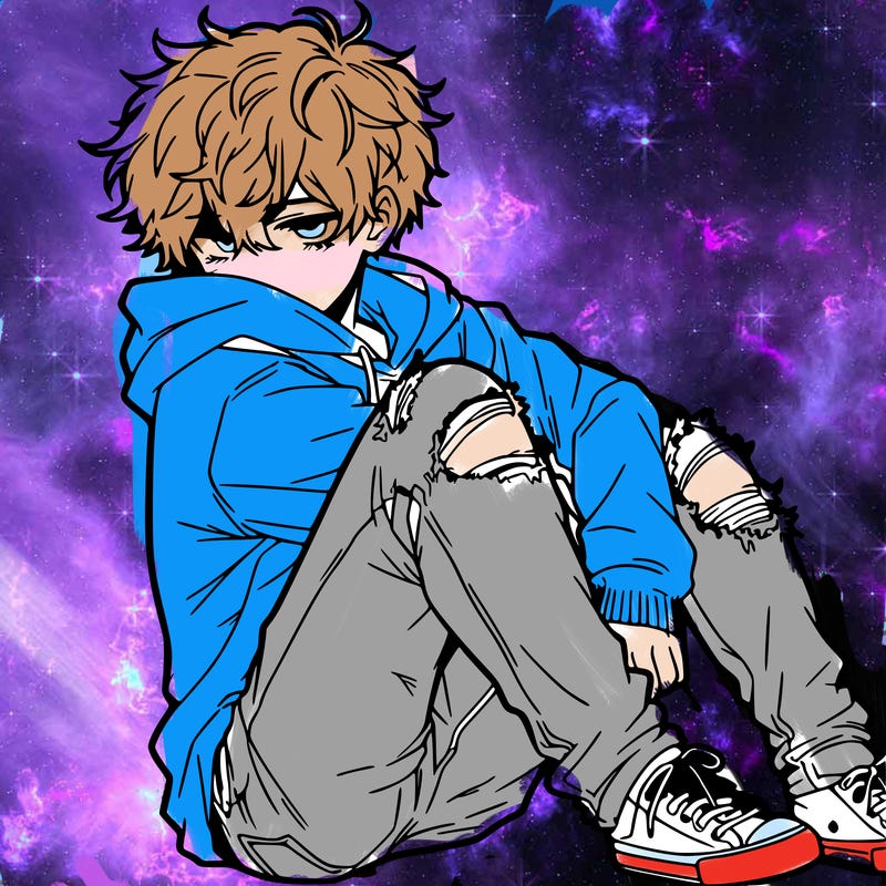 a male hoddie ripped jeans messy hair anime