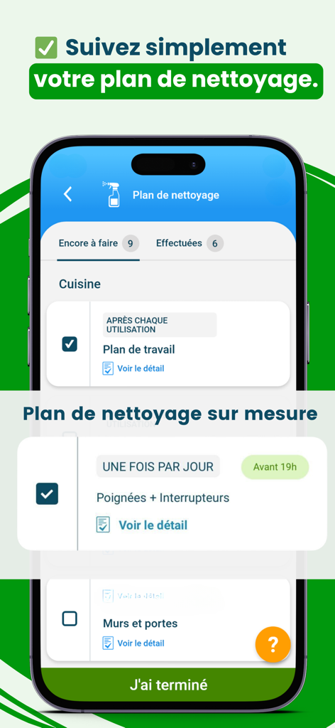 Octopus HACCP - Interface de l'application mobile Octopus HACCP montrant une liste de contrôle personnalisée du plan de nettoyage de la cuisine
