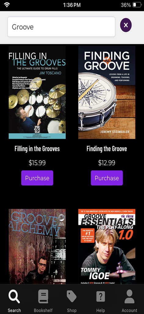 Search results for Groove in the Hudson Music Digital Bookstore app showing drumming books for purchase