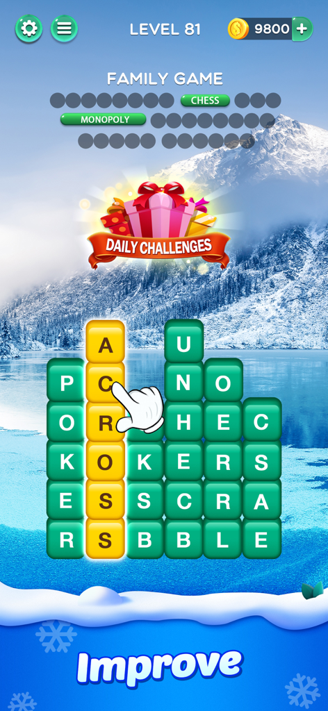 Word Crush® - Fun Puzzle Game - A gameplay screenshot of Word Crush featuring a word puzzle on a winter landscape background with a Daily Challenges banner