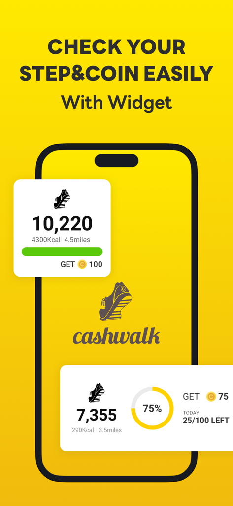 CashWalk - Daily Step Counter - iPhoneの毎日の歩数と獲得コインを表示するCashWalkモバイルアプリウィジェット