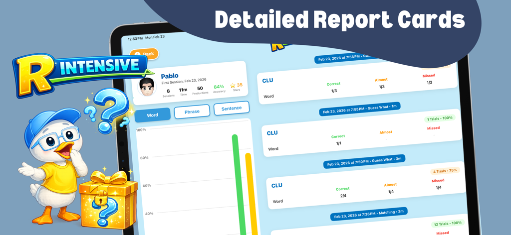 A screen displaying detailed speech therapy report cards with progress graphs and session data for students