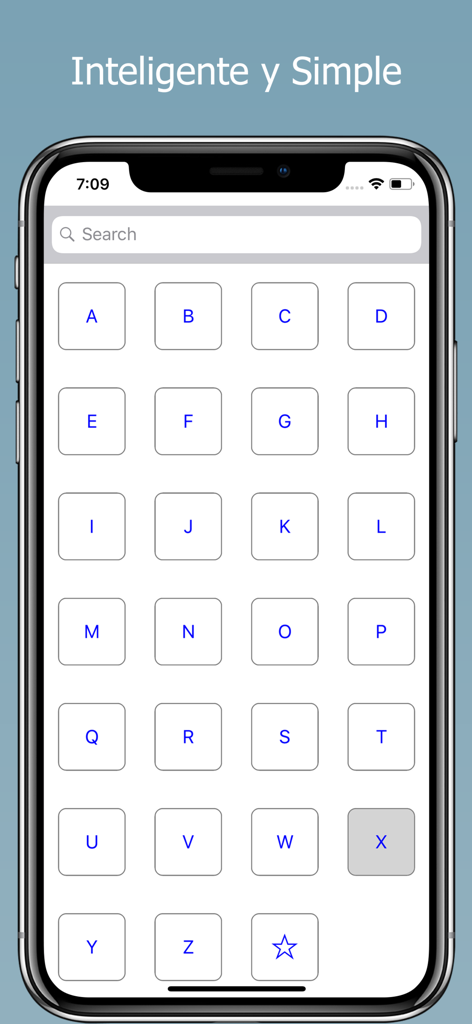 Interfaz de la aplicación Diccionario Bíblico en Español que muestra una cuadrícula alfabética para una búsqueda rápida